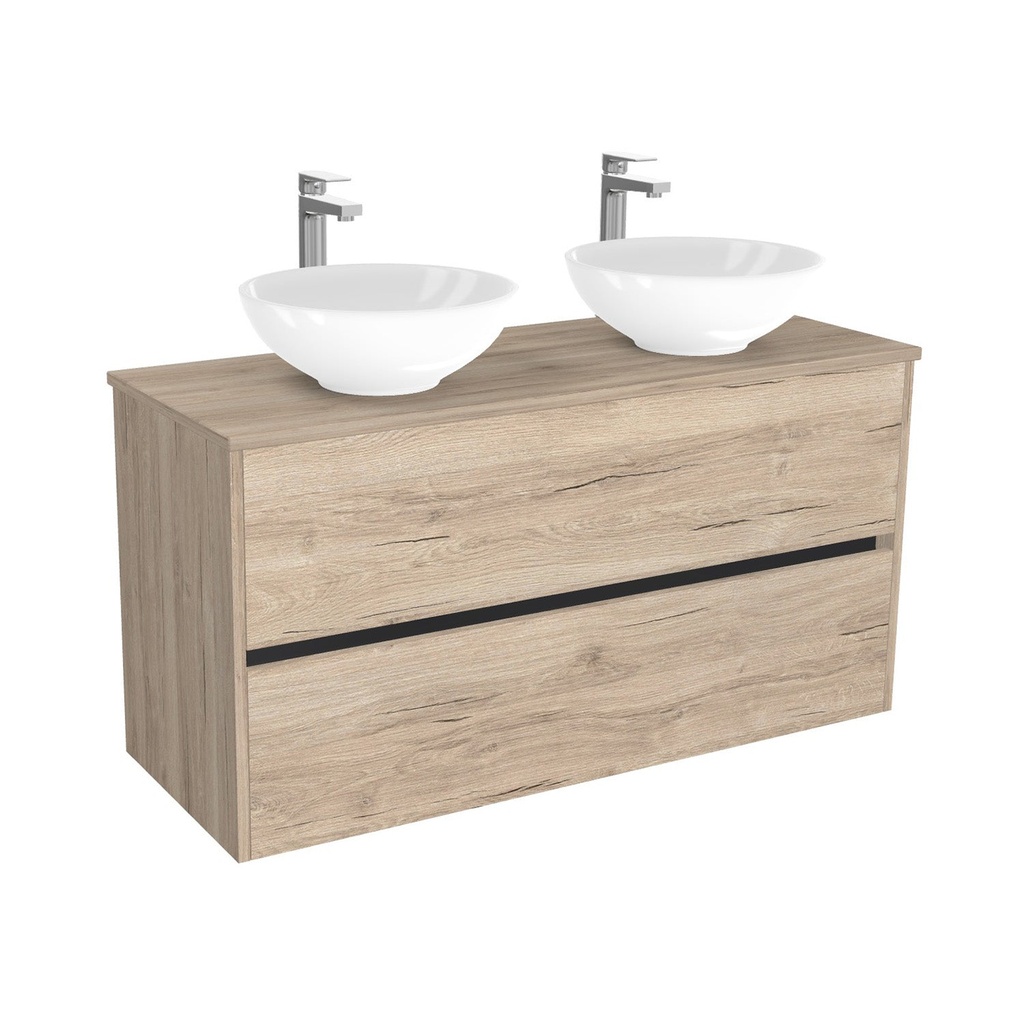 [BBE120EWTWBM25Z] Berlin Badkamermeubel 120 cm Duitse Eik - Onderkast MDF - Softclose greeploos 2 lades Inclusief keramische waskom met wastafelblad (MDF Zwart 25mm, Toledo)