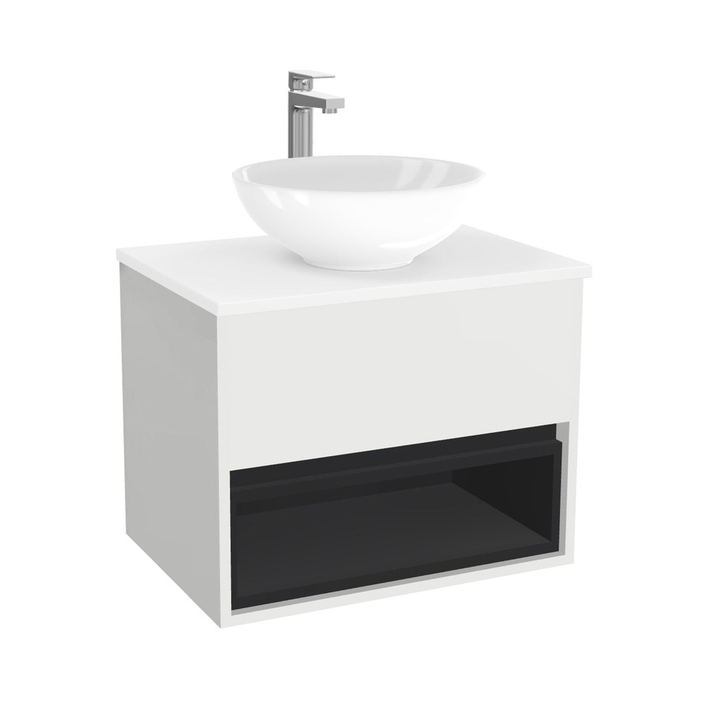 [BPO65HWTWBM25Z] Pohlheim Badkamermeubel 65 cm Hoogglans Wit - Onderkast MDF - Softclose Greeploos 1 lade Inclusief keramische waskom met wastafelblad (MDF Zwart 25mm, Toledo)