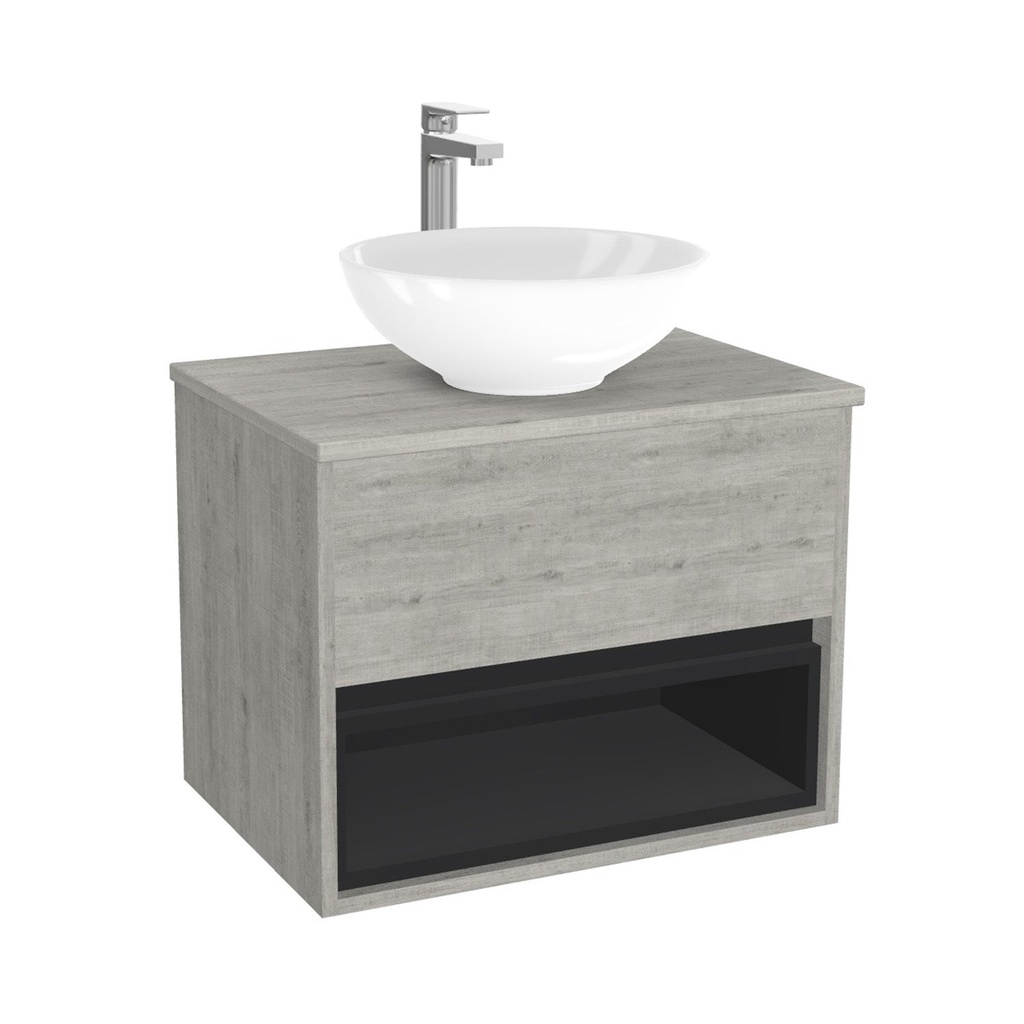 [BPO65LWTWBM25Z] Pohlheim Badkamermeubel 65 cm Lissabon - Onderkast MDF - Softclose Greeploos 1 lade Inclusief keramische waskom met wastafelblad (MDF Zwart 25mm, Toledo)