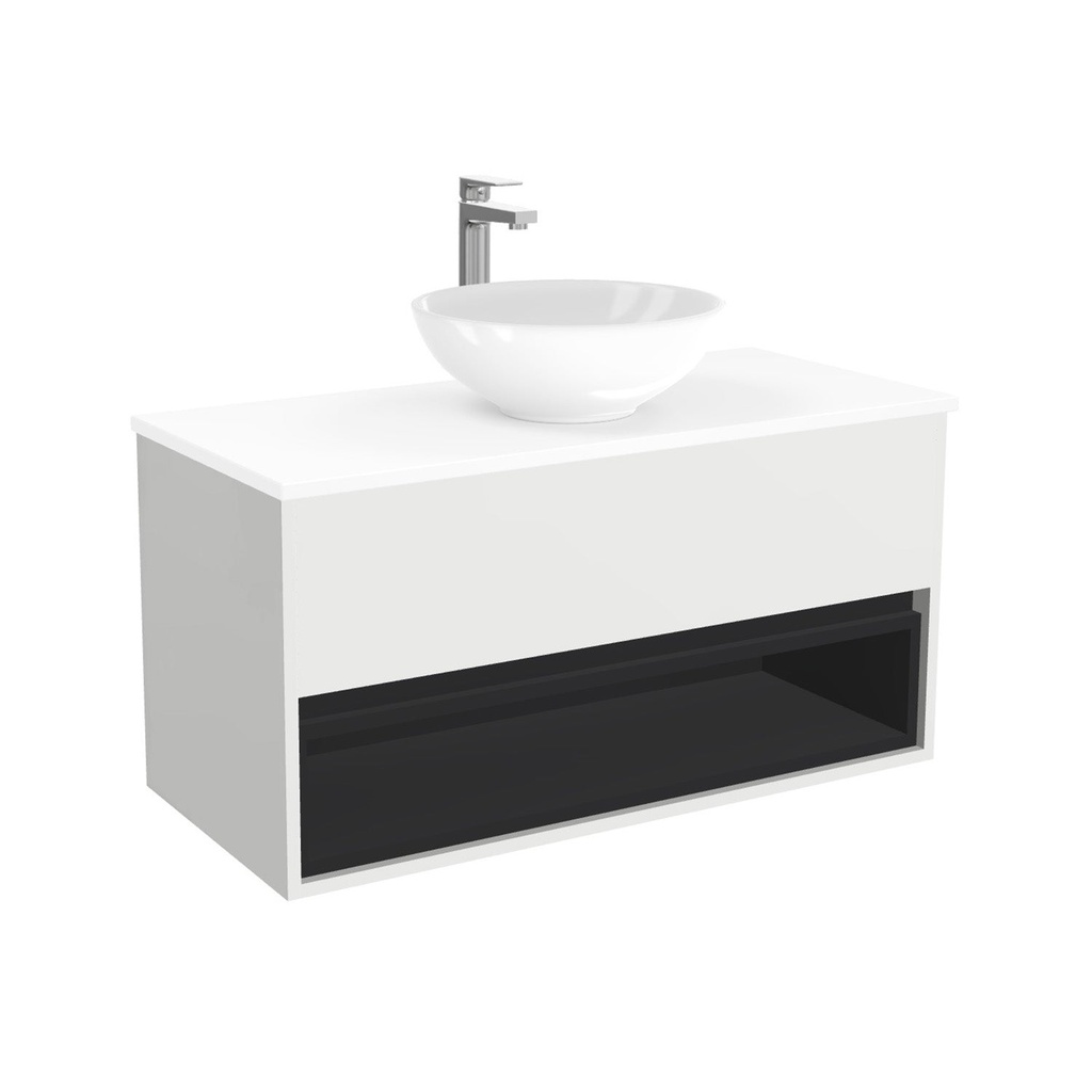 [BPO100HWTWBM25Z] Pohlheim Badkamermeubel 100 cm Hoogglans Wit - Onderkast MDF - Softclose Greeploos 1 lade Inclusief keramische waskom met wastafelblad (MDF Zwart 25mm, Toledo)