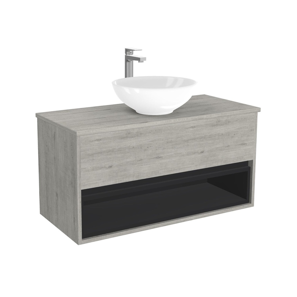 [BPO100LWTWBM25Z] Pohlheim Badkamermeubel 100 cm Lissabon - Onderkast MDF - Softclose Greeploos 1 lade Inclusief keramische waskom met wastafelblad (MDF Zwart 25mm, Toledo)