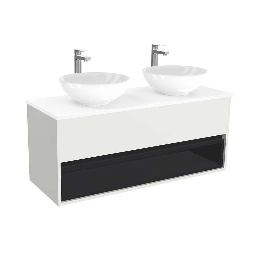 [BPO120HWTWBM25Z] Pohlheim Badkamermeubel 120 cm Hoogglans Wit - Onderkast MDF - Softclose Greeploos 1 lade Inclusief keramische waskom met wastafelblad (MDF Zwart 25mm, Toledo)