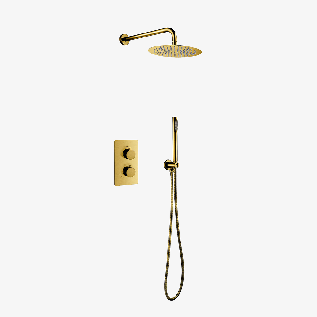 [20120009] Tamar Inbouw Regendouche Thermostatische Douchekraan Met Wandarm En 25 cm Brush Goud