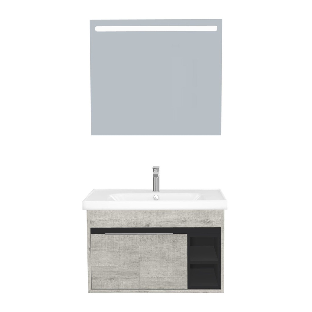 [C-AC-80-ST-WFR-LS-LS] Aachen Badkamermeubel Set 80 cm Lissabon Onderkast MDF Softclose Semi handgreep 2 deuren met Keramische Wastafel 1 kraangat en Badkamerspiegel met Led-verlichting