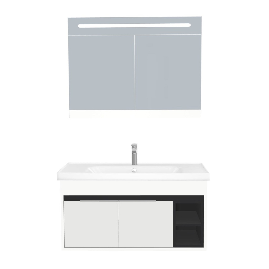 [C-AC-100-ST-WFR-LSK-HW] Aachen Badkamermeubel Set 100 cm Hoogglans Wit Onderkast MDF Softclose Semi handgreep 2 deuren met Keramische Wastafel 1 kraangat en Badkamerspiegelkast met Led-verlichting