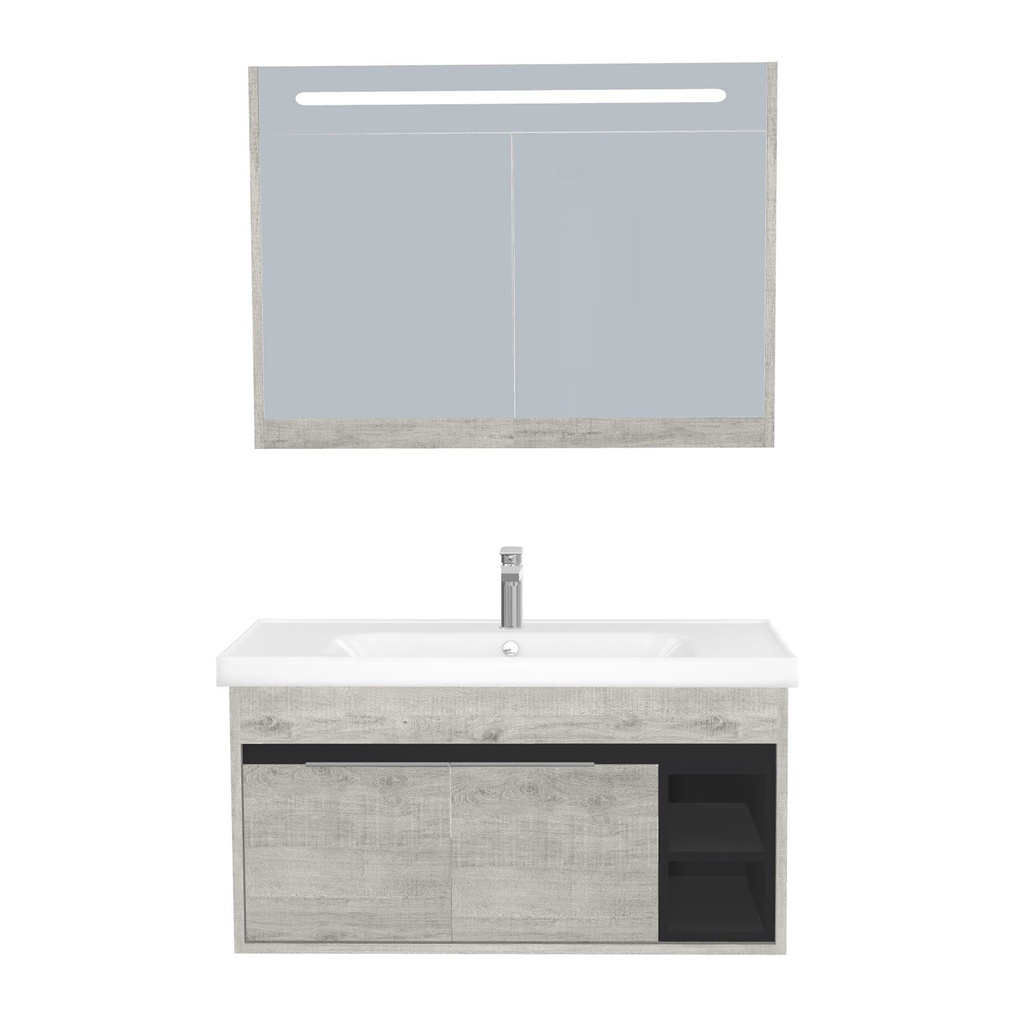 [C-AC-100-ST-WFR-LSK-LS] Aachen Badkamermeubel Set 100 cm Lissabon Onderkast MDF Softclose Semi handgreep 2 deuren met Keramische Wastafel 1 kraangat en Badkamerspiegelkast met Led-verlichting