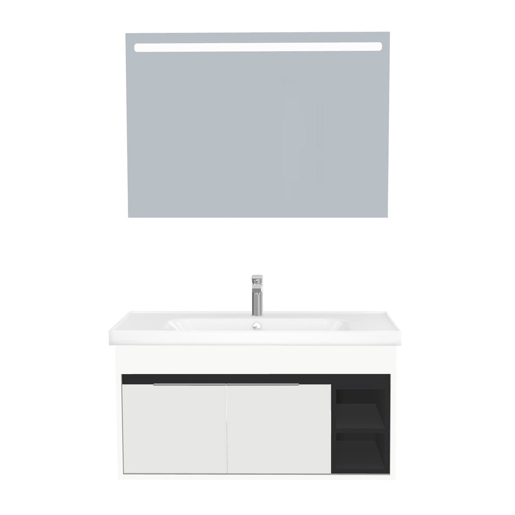 [C-AC-100-ST-WFR-LS-HW] Aachen Badkamermeubel Set 100 cm Hoogglans Wit Onderkast MDF Softclose Semi handgreep 2 deuren met Keramische Wastafel 1 kraangat en Badkamerspiegel met Led-verlichting