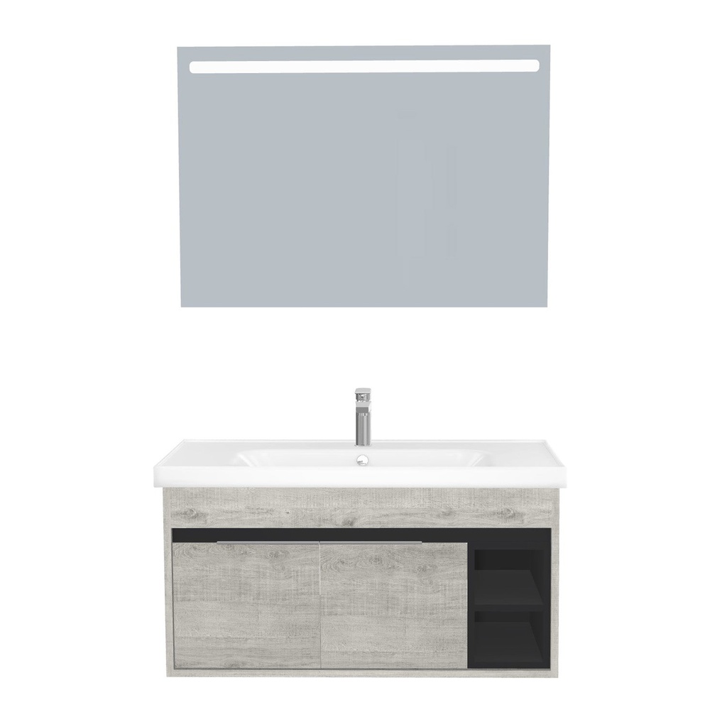 [C-AC-100-ST-WFR-LS-LS] Aachen Badkamermeubel Set 100 cm Lissabon Onderkast MDF Softclose Semi handgreep 2 deuren met Keramische Wastafel 1 kraangat en Badkamerspiegel met Led-verlichting