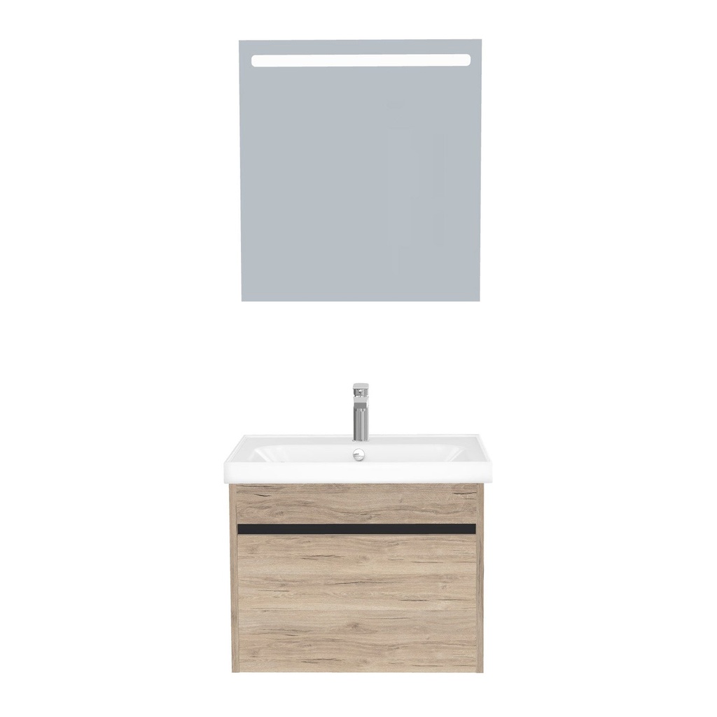 [B-AM-65-ST-WFR-LS-DE] Amsterdam Badkamermeubel Set 65 cm Duitse Eik - Onderkast MDF Softclose Greeploos 2 lades met Keramische Wastafel 1 kraangat en Badkamerspiegel met Led-verlichting