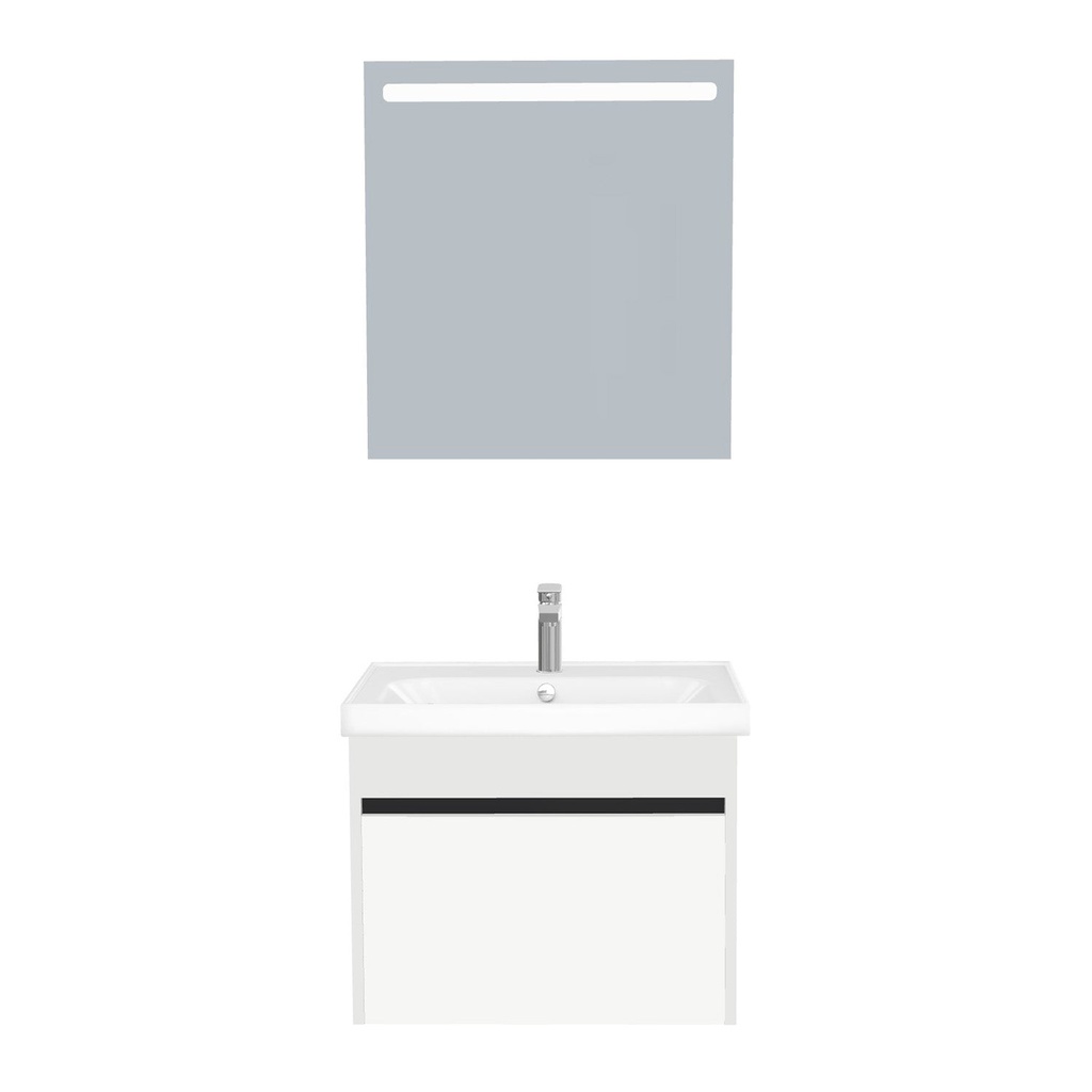 [B-AM-65-ST-WFR-LS-HW] Amsterdam Badkamermeubel Set 65 cm Hoogglans Wit - Onderkast MDF Softclose Greeploos 2 lades met Keramische Wastafel 1 kraangat en Badkamerspiegel met Led-verlichting