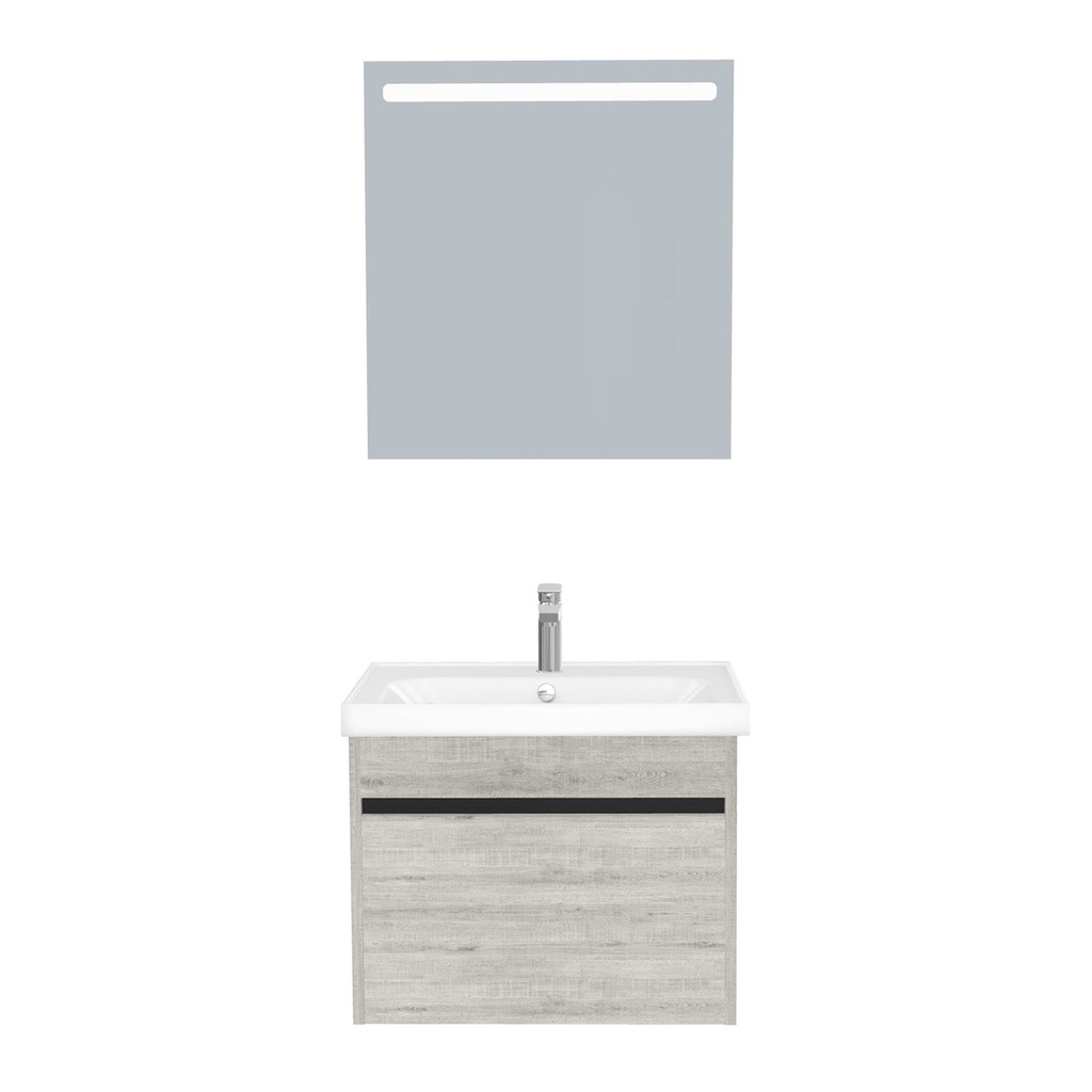 [B-AM-65-ST-WFR-LS-LS] Amsterdam Badkamermeubel Set 65 cm Lissabon - Onderkast MDF Softclose Greeploos 2 lades met Keramische Wastafel 1 kraangat en Badkamerspiegel met Led-verlichting