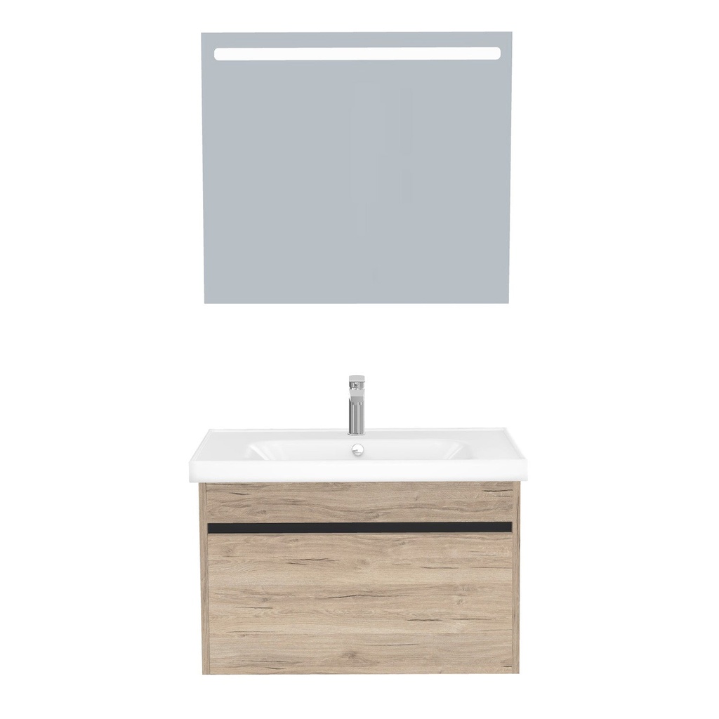 [B-AM-80-ST-WFR-LS-DE] Amsterdam Badkamermeubel Set 80 cm Duitse Eik - Onderkast MDF Softclose Greeploos 2 lades met Keramische Wastafel 1 kraangat en Badkamerspiegel met Led-verlichting