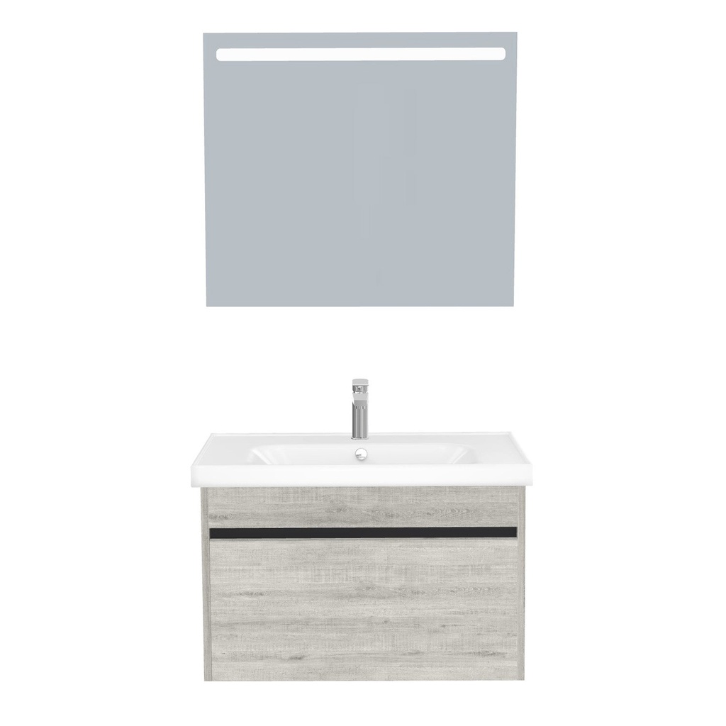 [B-AM-80-ST-WFR-LS-LS] Amsterdam Badkamermeubel Set 80 cm Lissabon - Onderkast MDF Softclose Greeploos 2 lades met Keramische Wastafel 1 kraangat en Badkamerspiegel met Led-verlichting