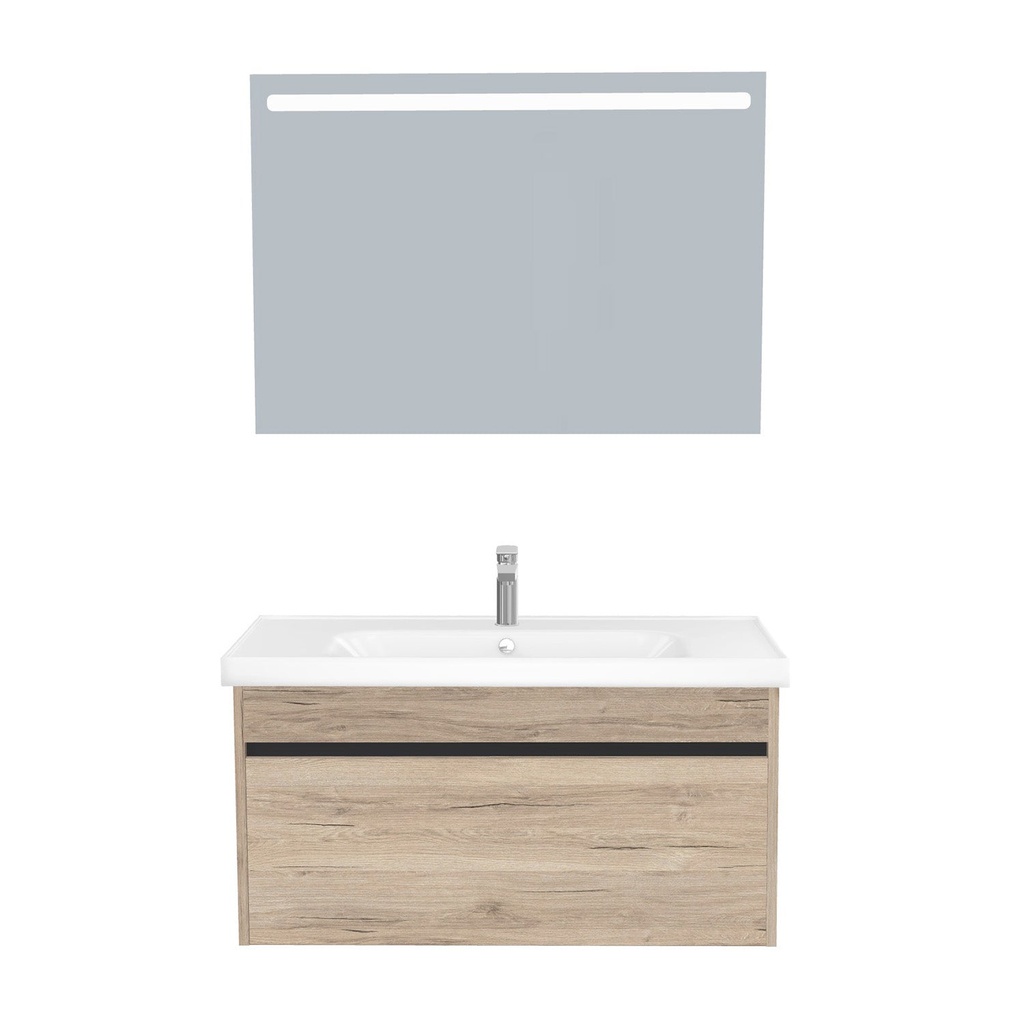 [B-AM-100-ST-WFR-LS-DE] Amsterdam Badkamermeubel Set 100 cm Duitse Eik - Onderkast MDF Softclose Greeploos 2 lades met Keramische Wastafel 1 kraangat en Badkamerspiegel met Led-verlichting