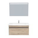 Amsterdam Badkamermeubel Set 100 cm Duitse Eik - Onderkast MDF Softclose Greeploos 2 lades met Keramische Wastafel 1 kraangat en Badkamerspiegel met Led-verlichting