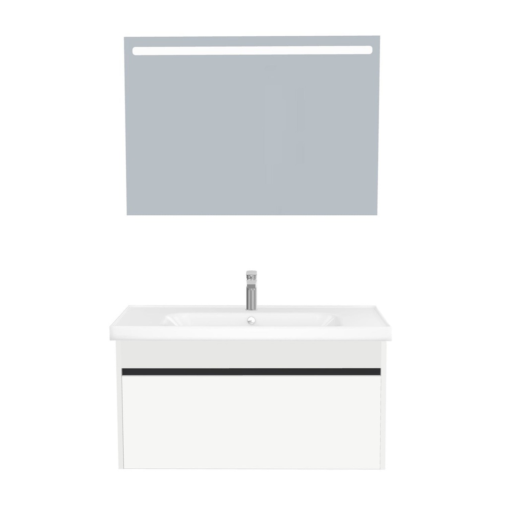 [B-AM-100-ST-WFR-LS-HW] Amsterdam Badkamermeubel Set 100 cm Hoogglans Wit - Onderkast MDF Softclose Greeploos 2 lades met Keramische Wastafel 1 kraangat en Badkamerspiegel met Led-verlichting