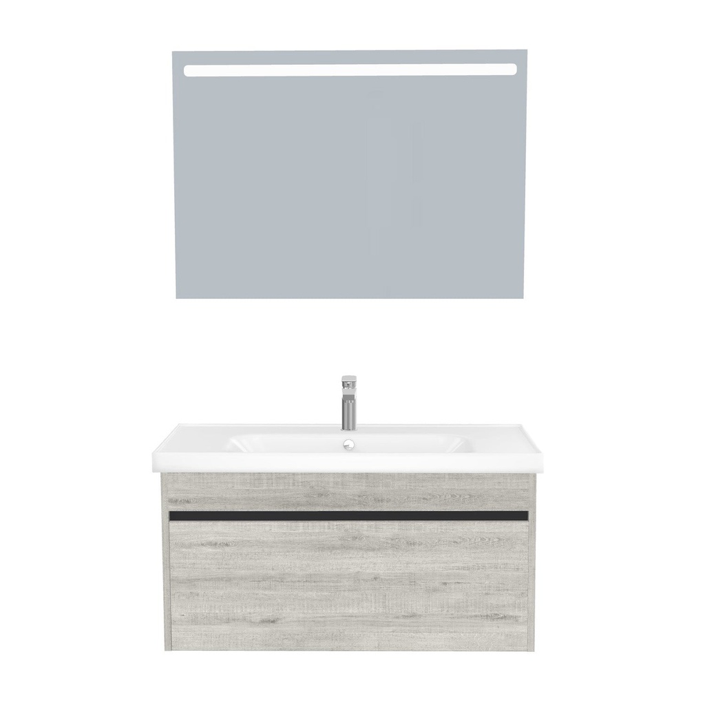 [B-AM-100-ST-WFR-LS-LS] Amsterdam Badkamermeubel Set 100 cm Lissabon - Onderkast MDF Softclose Greeploos 2 lades met Keramische Wastafel 1 kraangat en Badkamerspiegel met Led-verlichting