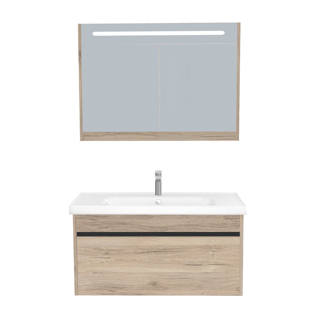 [B-AM-100-ST-WFR-LSK-DE] Amsterdam Badkamermeubel Set 100 cm Duitse Eik - Onderkast MDF Softclose Greeploos 2 lades met Keramische Wastafel 1 kraangat en Badkamerspiegelkast met Led-verlichting