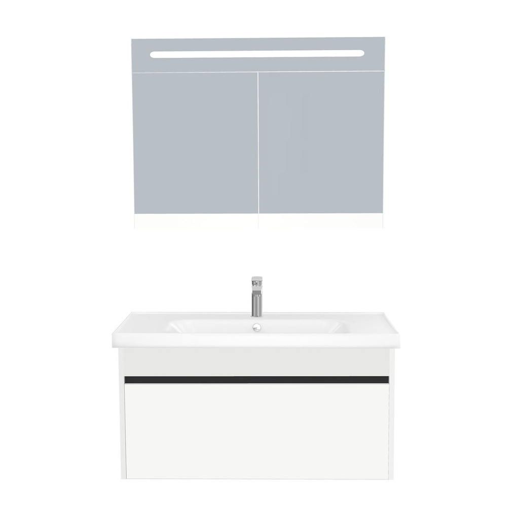 [B-AM-100-ST-WFR-LSK-HW] Amsterdam Badkamermeubel Set 100 cm Hoogglans Wit - Onderkast MDF Softclose Greeploos 2 lades met Keramische Wastafel 1 kraangat en Badkamerspiegelkast met Led-verlichting