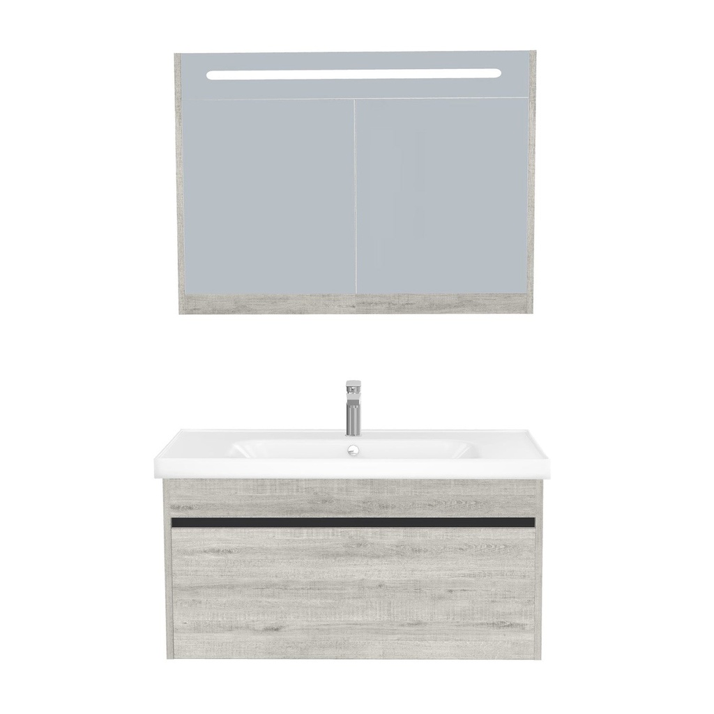 [B-AM-100-ST-WFR-LSK-LS] Amsterdam Badkamermeubel Set 100 cm Lissabon - Onderkast MDF Softclose Greeploos 2 lades met Keramische Wastafel 1 kraangat en Badkamerspiegelkast met Led-verlichting