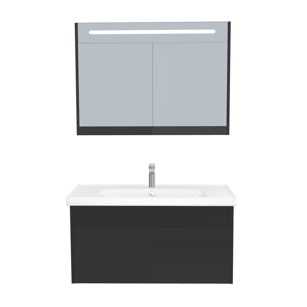 [B-AM-100-ST-WFR-LSK-MS] Amsterdam Badkamermeubel Set 100 cm Mat Zwart - Onderkast MDF Softclose Greeploos 2 lades met Keramische Wastafel 1 kraangat en Badkamerspiegelkast met Led-verlichting