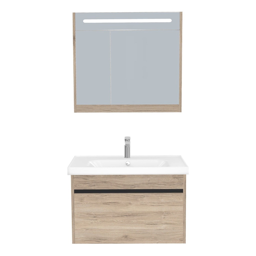 [B-AM-80-ST-WFR-LSK-DE] Amsterdam Badkamermeubel Set 80 cm Duitse Eik - Onderkast MDF Softclose Greeploos 2 lades met Keramische Wastafel 1 kraangat en Badkamerspiegelkast met Led-verlichting