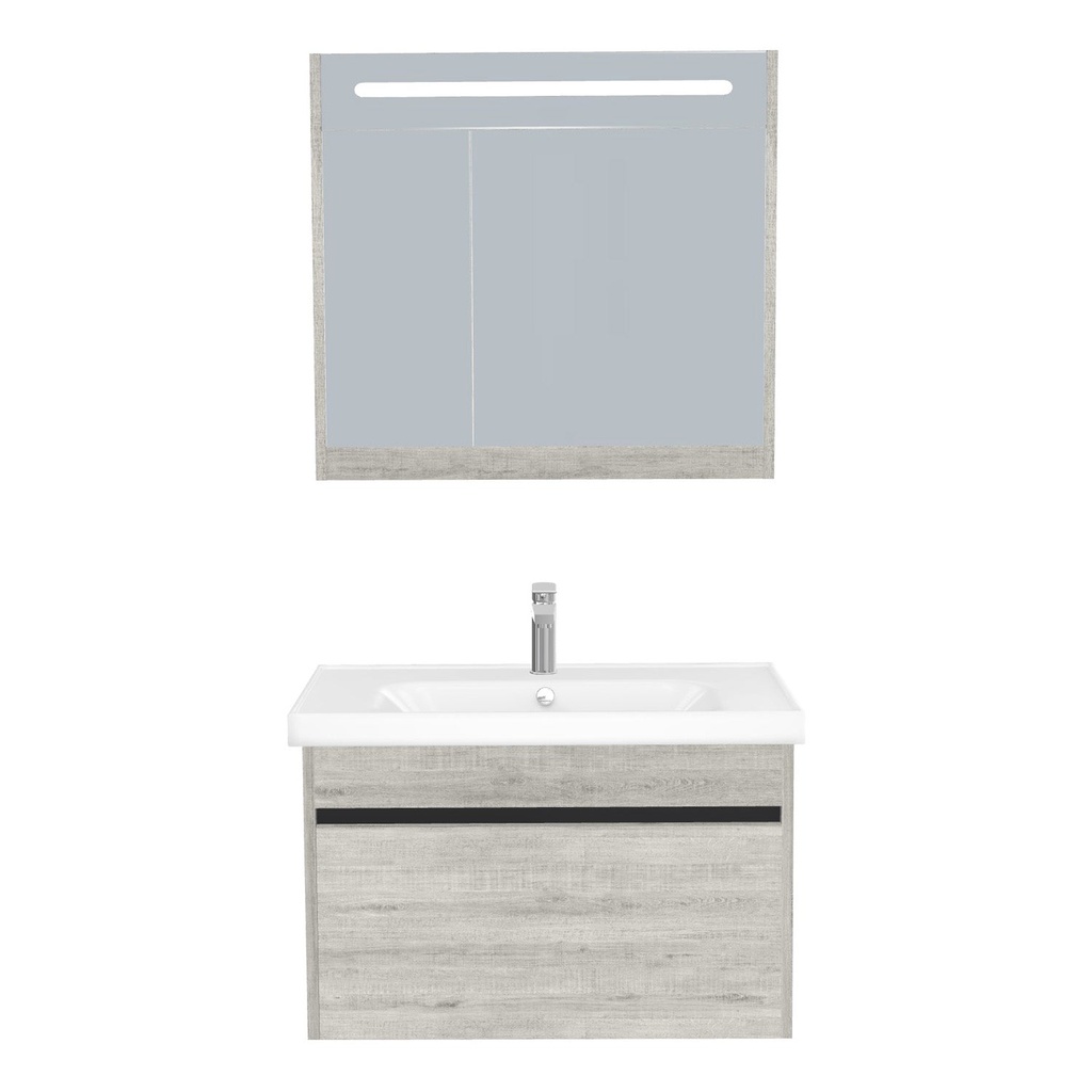 [B-AM-80-ST-WFR-LSK-LS] Amsterdam Badkamermeubel Set 80 cm Lissabon - Onderkast MDF Softclose Greeploos 2 lades met Keramische Wastafel 1 kraangat en Badkamerspiegelkast met Led-verlichting