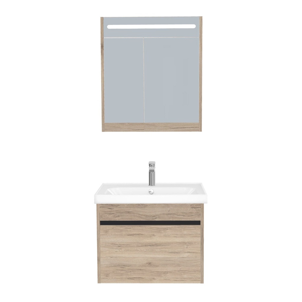 [B-AM-65-ST-WFR-LSK-DE] Amsterdam Badkamermeubel Set 65 cm Duitse Eik - Onderkast MDF Softclose Greeploos 2 lades met Keramische Wastafel 1 kraangat en Badkamerspiegelkast met Led-verlichting