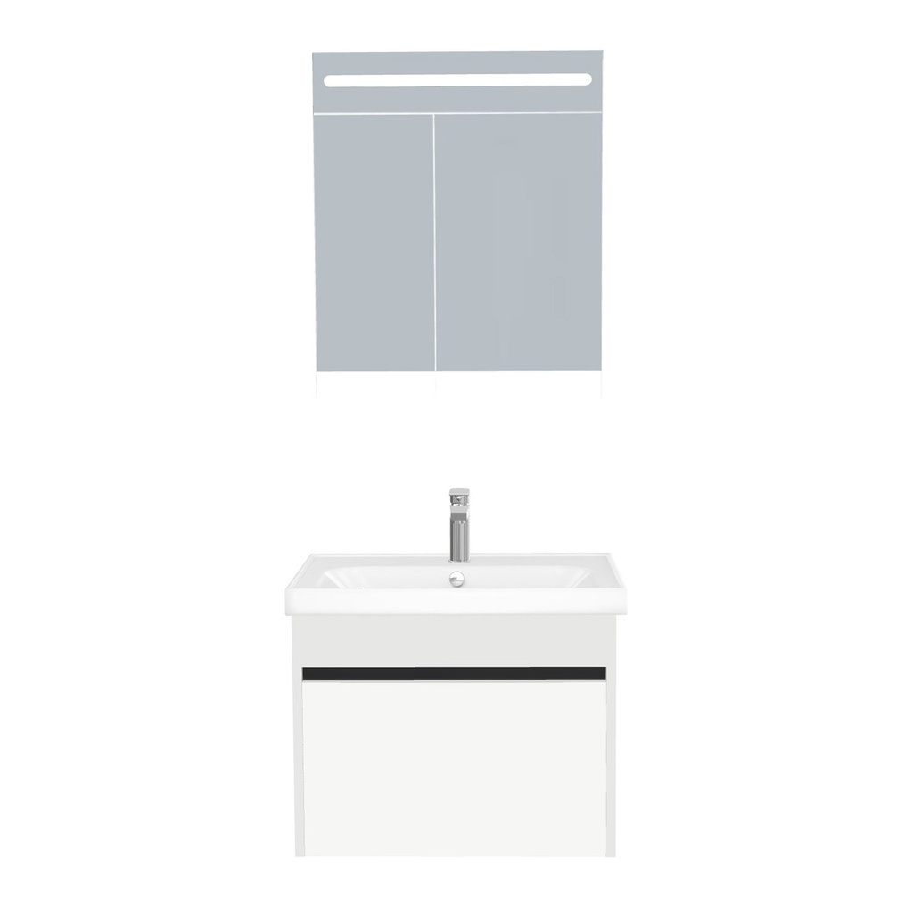 [B-AM-65-ST-WFR-LSK-HW] Amsterdam Badkamermeubel Set 65 cm Hoogglans Wit - Onderkast MDF Softclose Greeploos 2 lades met Keramische Wastafel 1 kraangat en Badkamerspiegelkast met Led-verlichting