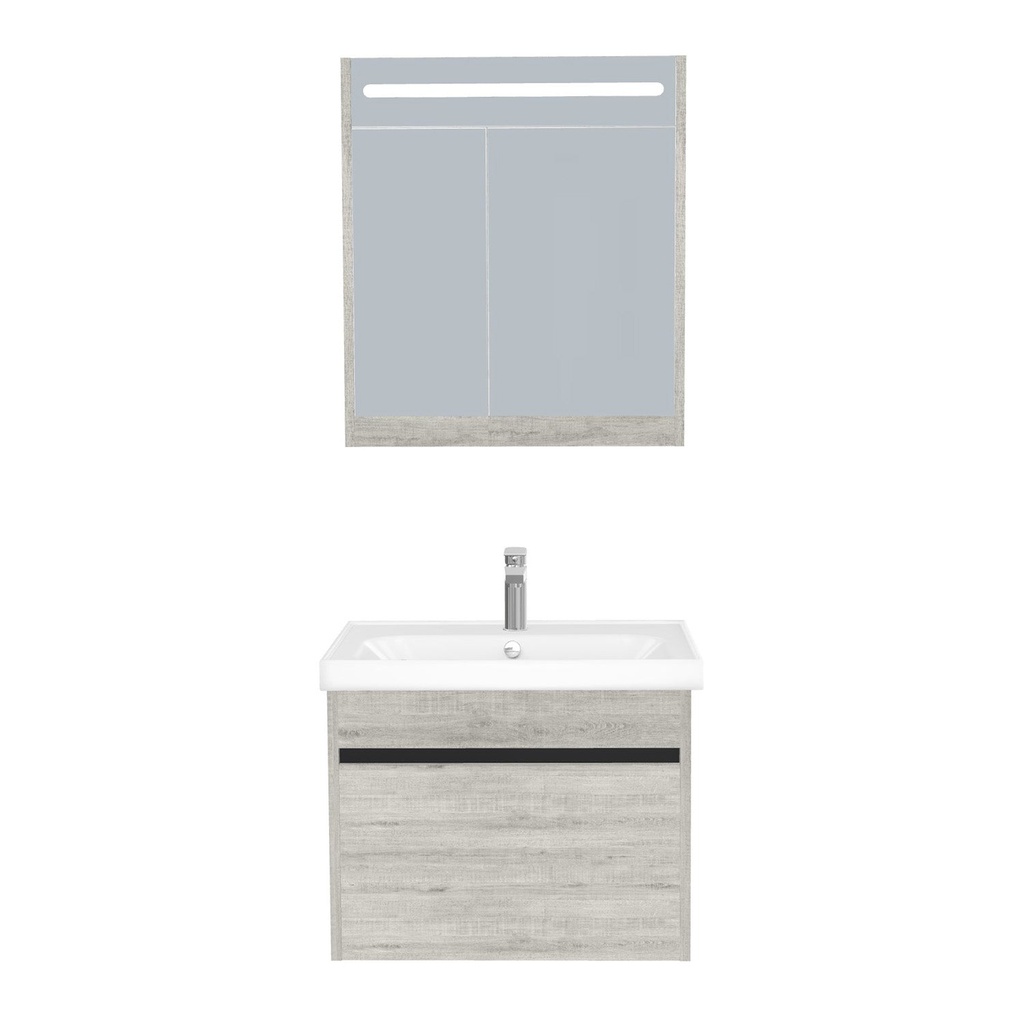 [B-AM-65-ST-WFR-LSK-LS] Amsterdam Badkamermeubel Set 65 cm Lissabon - Onderkast MDF Softclose Greeploos 2 lades met Keramische Wastafel 1 kraangat en Badkamerspiegelkast met Led-verlichting