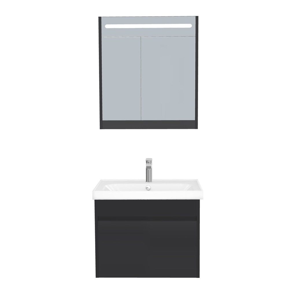 [B-AM-65-ST-WFR-LSK-MS] Amsterdam Badkamermeubel Set 65 cm Mat Zwart - Onderkast MDF Softclose Greeploos 2 lades met Keramische Wastafel 1 kraangat en Badkamerspiegelkast met Led-verlichting