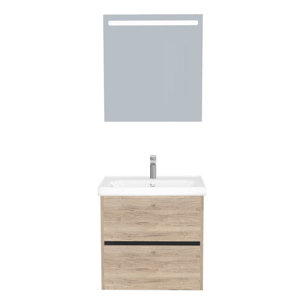 [T-BE-65-ST-WFR-LS-DE] Berlin Badkamermeubel Set 65 cm Duitse Eik - Onderkast MDF Softclose Greeploos 2 lades met Keramische Wastafel 1 kraangat en Badkamerspiegel met Led-verlichting