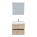 Berlin Badkamermeubel Set 65 cm Duitse Eik - Onderkast MDF Softclose Greeploos 2 lades met Keramische Wastafel 1 kraangat en Badkamerspiegel met Led-verlichting