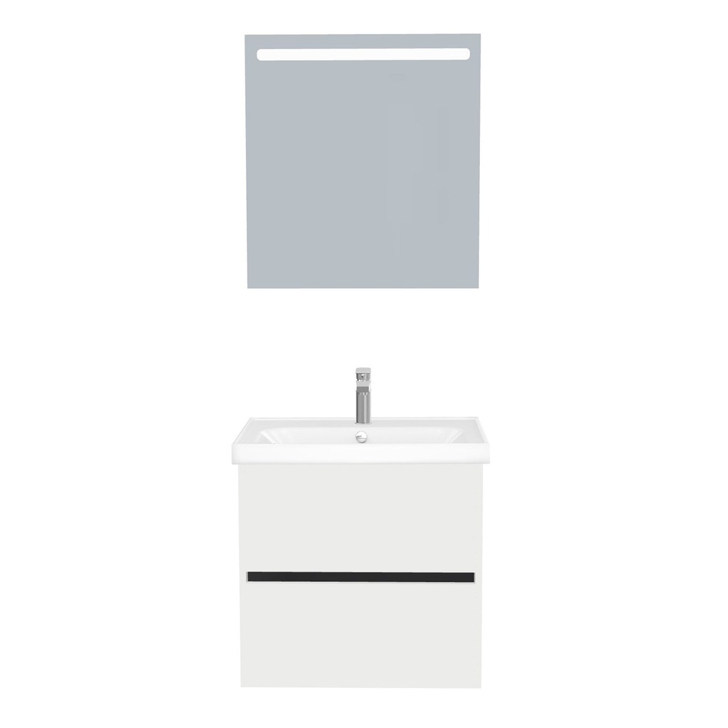 [T-BE-65-ST-WFR-LS-HW] Berlin Badkamermeubel Set 65 cm Hoogglans Wit - Onderkast MDF Softclose Greeploos 2 lades met Keramische Wastafel 1 kraangat en Badkamerspiegel met Led-verlichting