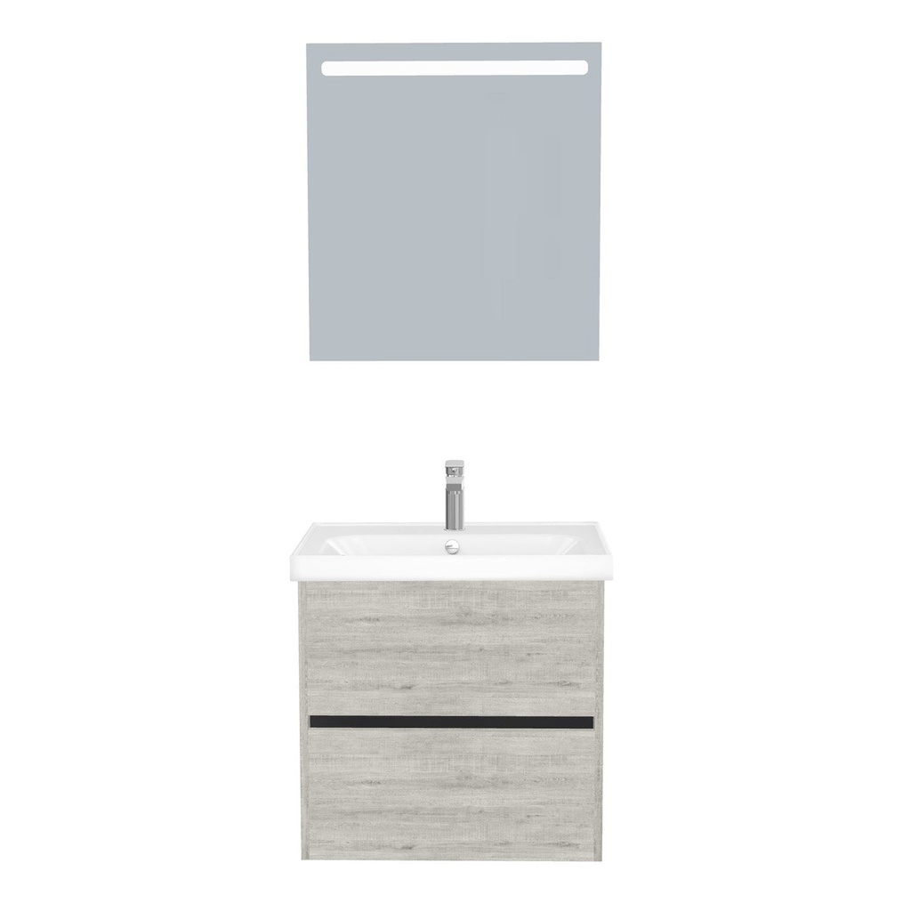 [T-BE-65-ST-WFR-LS-LS] Berlin Badkamermeubel Set 65 cm Lissabon - Onderkast MDF Softclose Greeploos 2 lades met Keramische Wastafel 1 kraangat en Badkamerspiegel met Led-verlichting