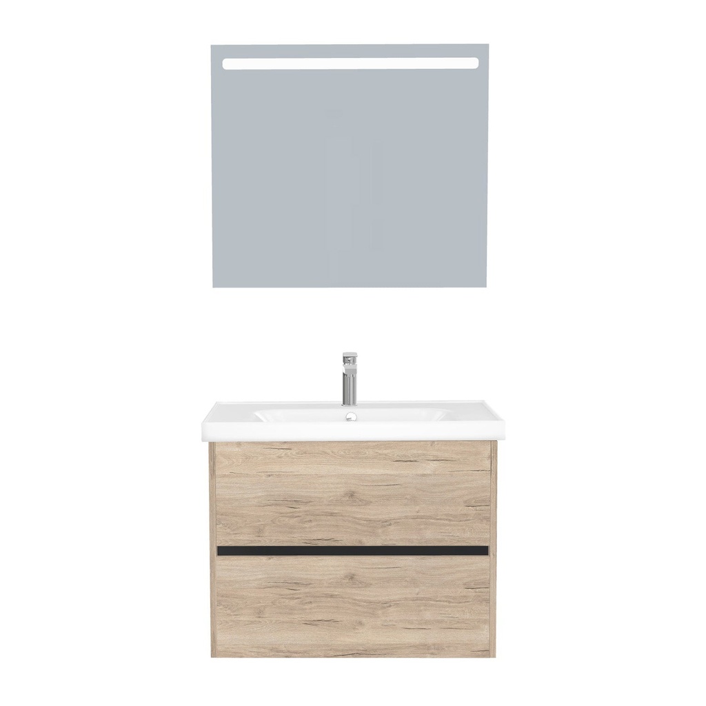 [T-BE-80-ST-WFR-LS-DE] Berlin Badkamermeubel Set 80 cm Duitse Eik - Onderkast MDF Softclose Greeploos 2 lades met Keramische Wastafel 1 kraangat en Badkamerspiegel met Led-verlichting