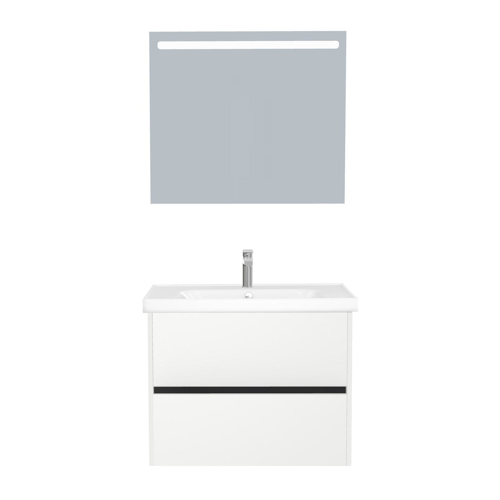 [T-BE-80-ST-WFR-LS-HW] Berlin Badkamermeubel Set 80 cm Hoogglans Wit - Onderkast MDF Softclose Greeploos 2 lades met Keramische Wastafel 1 kraangat en Badkamerspiegel met Led-verlichting