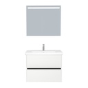 Berlin Badkamermeubel Set 80 cm Hoogglans Wit - Onderkast MDF Softclose Greeploos 2 lades met Keramische Wastafel 1 kraangat en Badkamerspiegel met Led-verlichting