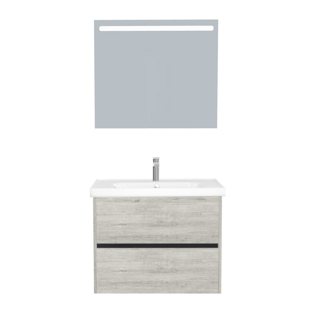 [T-BE-80-ST-WFR-LS-LS] Berlin Badkamermeubel Set 80 cm Lissabon - Onderkast MDF Softclose Greeploos 2 lades met Keramische Wastafel 1 kraangat en Badkamerspiegel met Led-verlichting