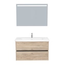 Berlin Badkamermeubel Set 100 cm Duitse Eik - Onderkast MDF Softclose Greeploos 2 lades met Keramische Wastafel 1 kraangat en Badkamerspiegel met Led-verlichting