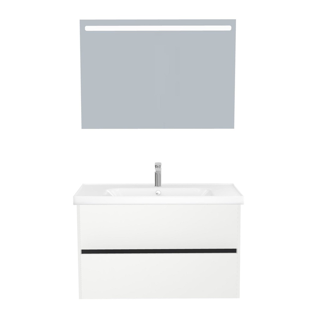 [T-BE-100-ST-WFR-LS-HW] Berlin Badkamermeubel Set 100 cm Hoogglans Wit - Onderkast MDF Softclose Greeploos 2 lades met Keramische Wastafel 1 kraangat en Badkamerspiegel met Led-verlichting