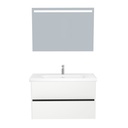 Berlin Badkamermeubel Set 100 cm Hoogglans Wit - Onderkast MDF Softclose Greeploos 2 lades met Keramische Wastafel 1 kraangat en Badkamerspiegel met Led-verlichting