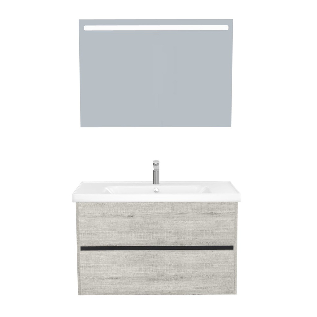[T-BE-100-ST-WFR-LS-LS] Berlin Badkamermeubel Set 100 cm Lissabon - Onderkast MDF Softclose Greeploos 2 lades met Keramische Wastafel 1 kraangat en Badkamerspiegel met Led-verlichting