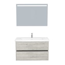 Berlin Badkamermeubel Set 100 cm Lissabon - Onderkast MDF Softclose Greeploos 2 lades met Keramische Wastafel 1 kraangat en Badkamerspiegel met Led-verlichting