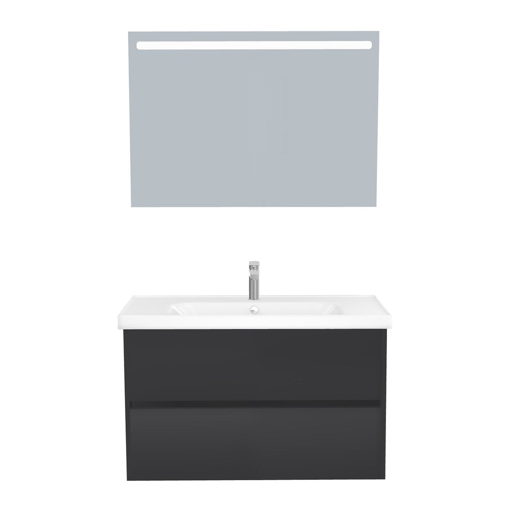 [T-BE-100-ST-WFR-LS-MS] Berlin Badkamermeubel Set 100 cm Mat Zwart - Onderkast MDF Softclose Greeploos 2 lades met Keramische Wastafel 1 kraangat en Badkamerspiegel met Led-verlichting
