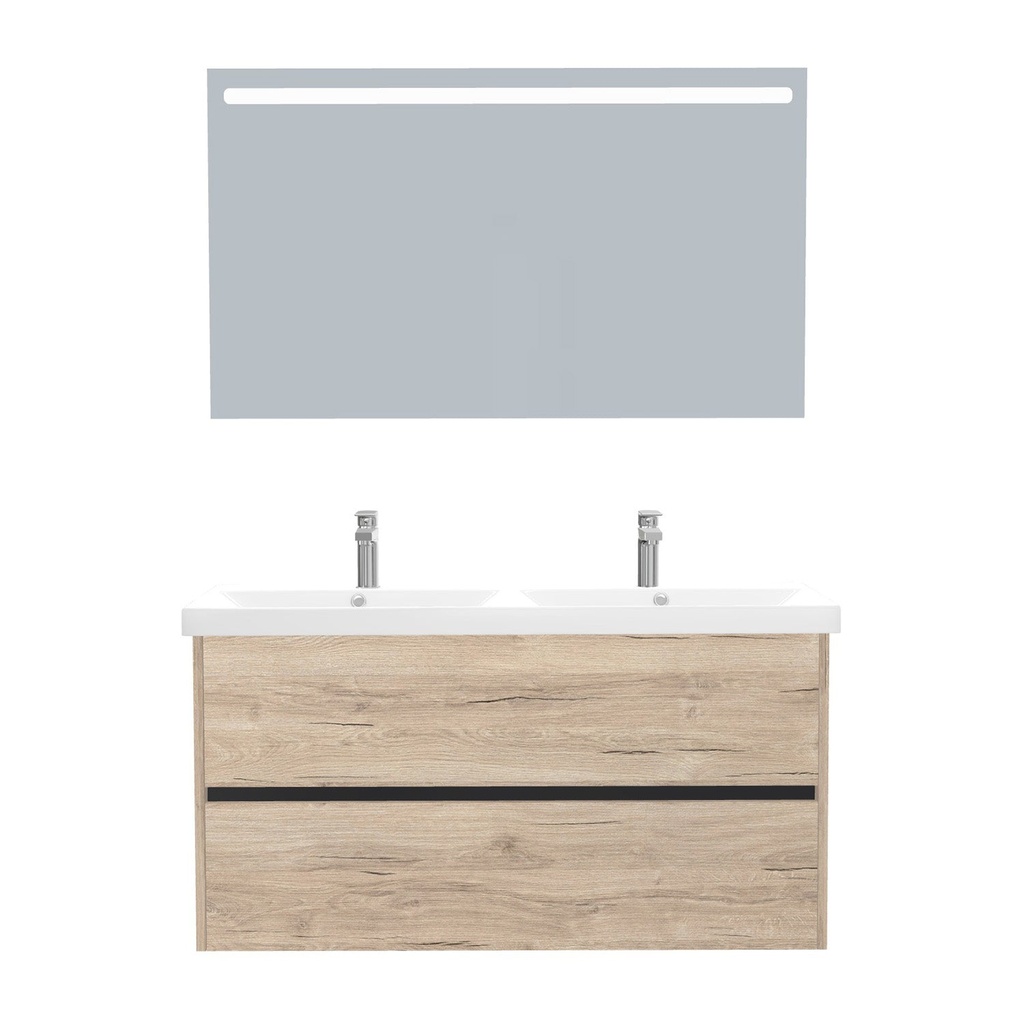 [T-BE-120-ST-WEL-LS-DE] Berlin Badkamermeubel Set 120 cm Duitse Eik - Onderkast MDF Softclose Greeploos 2 lades met Keramische Wastafel 2 kraangat en Badkamerspiegel met Led-verlichting