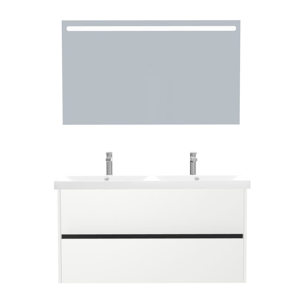 [T-BE-120-ST-WEL-LS-HW] Berlin Badkamermeubel Set 120 cm Hoogglans Wit - Onderkast MDF Softclose Greeploos 2 lades met Keramische Wastafel 2 kraangat en Badkamerspiegel met Led-verlichting