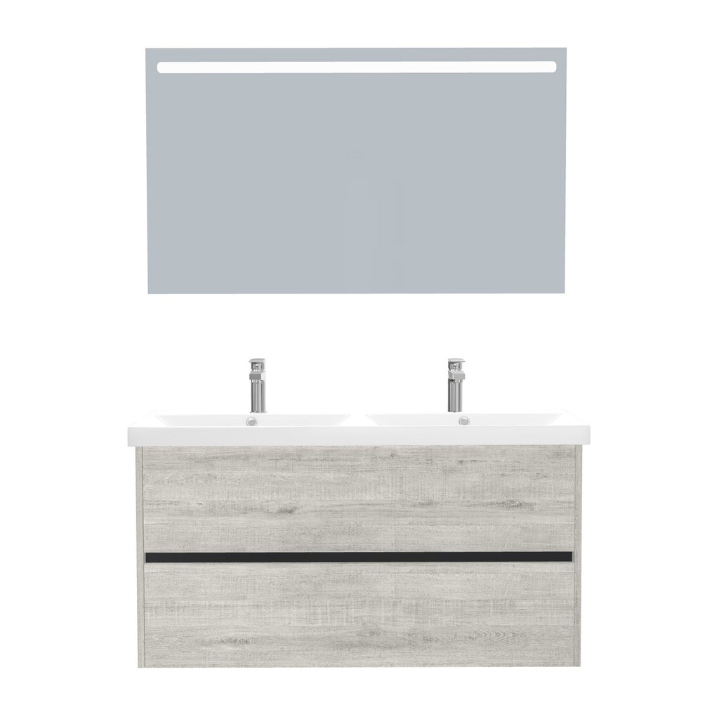 [T-BE-120-ST-WEL-LS-LS] Berlin Badkamermeubel Set 120 cm Lissabon - Onderkast MDF Softclose Greeploos 2 lades met Keramische Wastafel 2 kraangat en Badkamerspiegel met Led-verlichting
