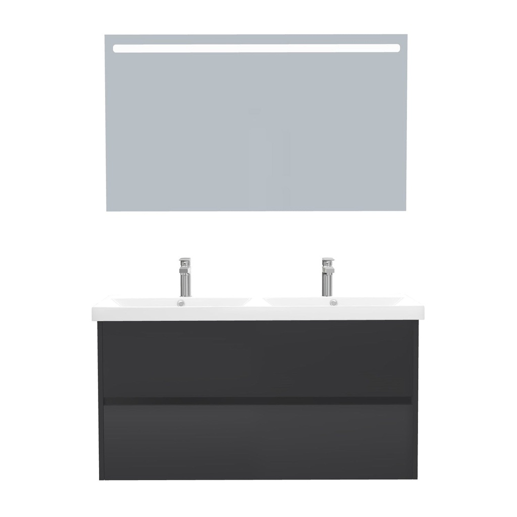[T-BE-120-ST-WEL-LS-MS] Berlin Badkamermeubel Set 120 cm Mat Zwart - Onderkast MDF Softclose Greeploos 2 lades met Keramische Wastafel 2 kraangat en Badkamerspiegel met Led-verlichting