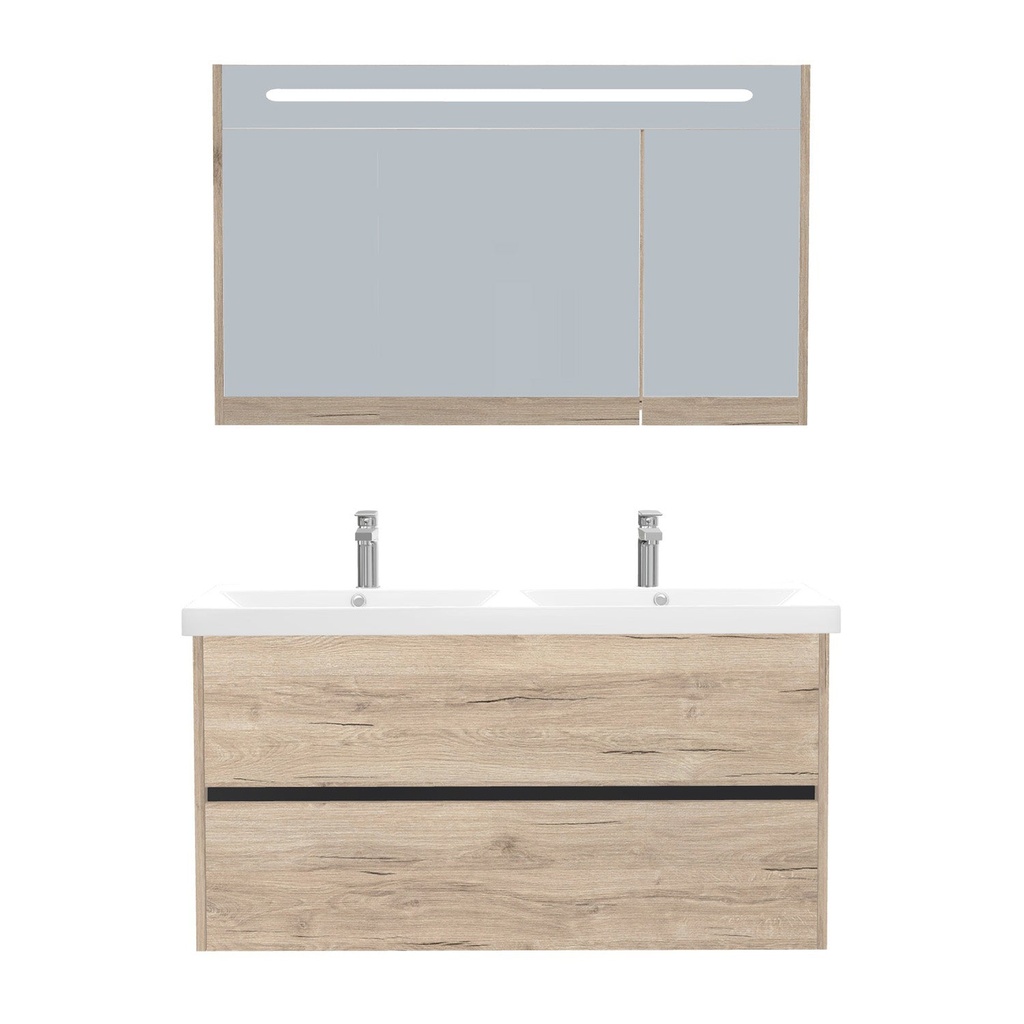 [T-BE-120-ST-WEL-LSK-DE] Berlin Badkamermeubel Set 120 cm Duitse Eik - Onderkast MDF Softclose Greeploos 2 lades met Keramische Wastafel 2 kraangat en Badkamerspiegelkast met Led-verlichting